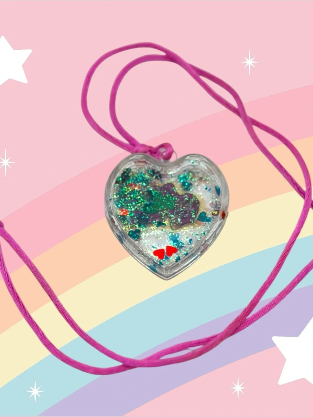 Millennial Kids Barney Dinosaur Glitter Heart Pendant Necklace Nostalgic Y2K PBS